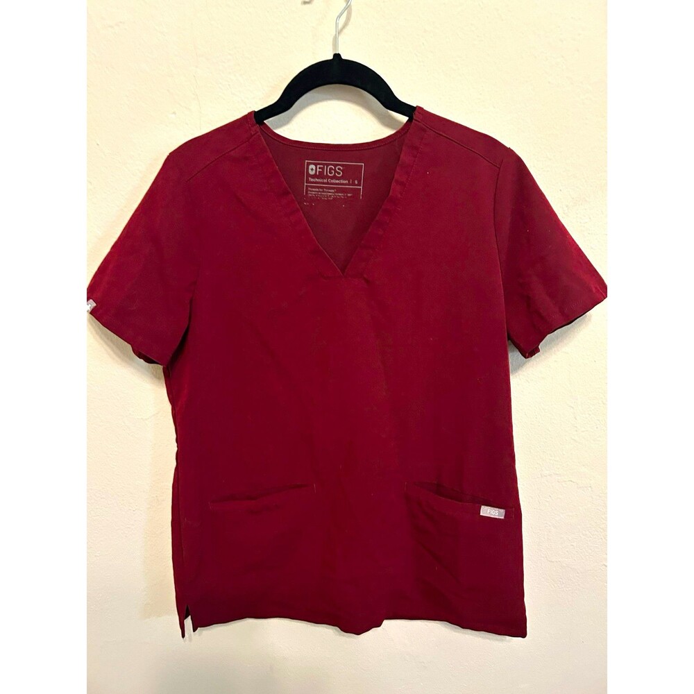 FIGS Women's Casma Three-Pocket Scrub Top V-Neck 4-Way Stretch Burgundy Size S